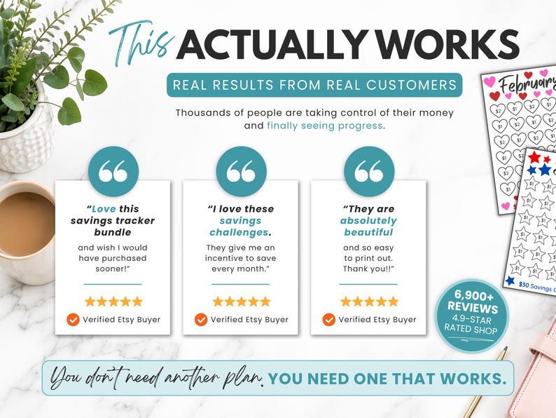Customer reviews for low income savings challenge printable bundle featuring 12 monthly savings trackers, cash envelope savings system, positive Etsy buyer feedback, 6,900+ shop reviews, budget-friendly savings challenge, printable A6 PDF tracker bundle, and money-saving motivation tools.