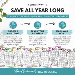 Low income savings challenge printable showing how to save money throughout the year with 12 monthly savings challenges, daily savings tracker pages, visual progress tracking, A6 printable PDF, cash stuffing savings system, budget-friendly savings goals, and financial planning for beginners.