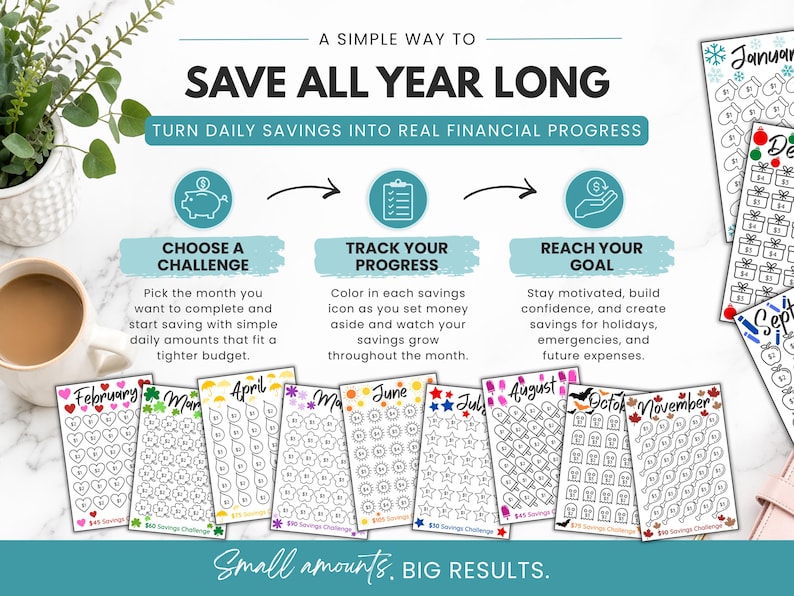 Low income savings challenge printable showing how to save money throughout the year with 12 monthly savings challenges, daily savings tracker pages, visual progress tracking, A6 printable PDF, cash stuffing savings system, budget-friendly savings goals, and financial planning for beginners.