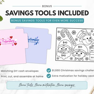 Bonus savings tools included with low income savings challenge printable bundle, featuring matching DIY cash envelopes, printable cash stuffing envelopes, bonus $1,000 Christmas savings challenge, A6 savings tracker bundle, holiday savings planner, printable PDF download, and budget-friendly money saving tools.
