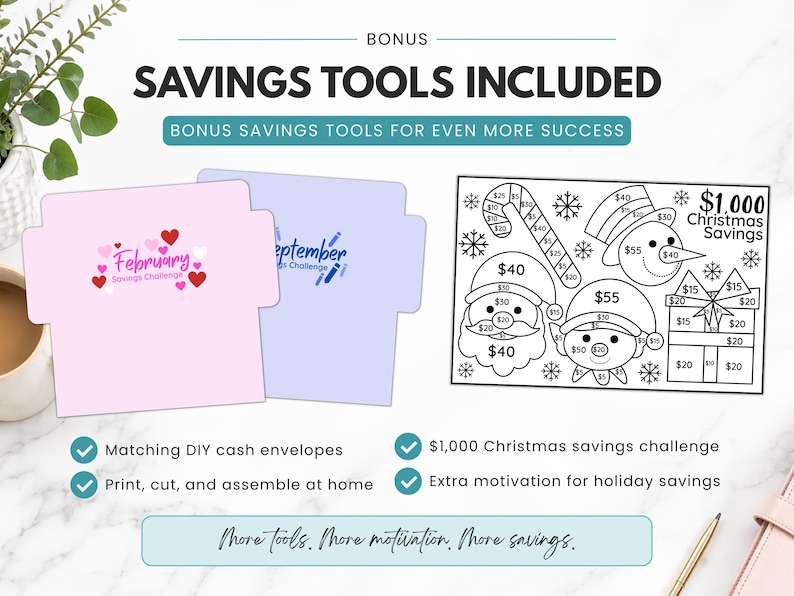 Bonus savings tools included with low income savings challenge printable bundle, featuring matching DIY cash envelopes, printable cash stuffing envelopes, bonus $1,000 Christmas savings challenge, A6 savings tracker bundle, holiday savings planner, printable PDF download, and budget-friendly money saving tools.
