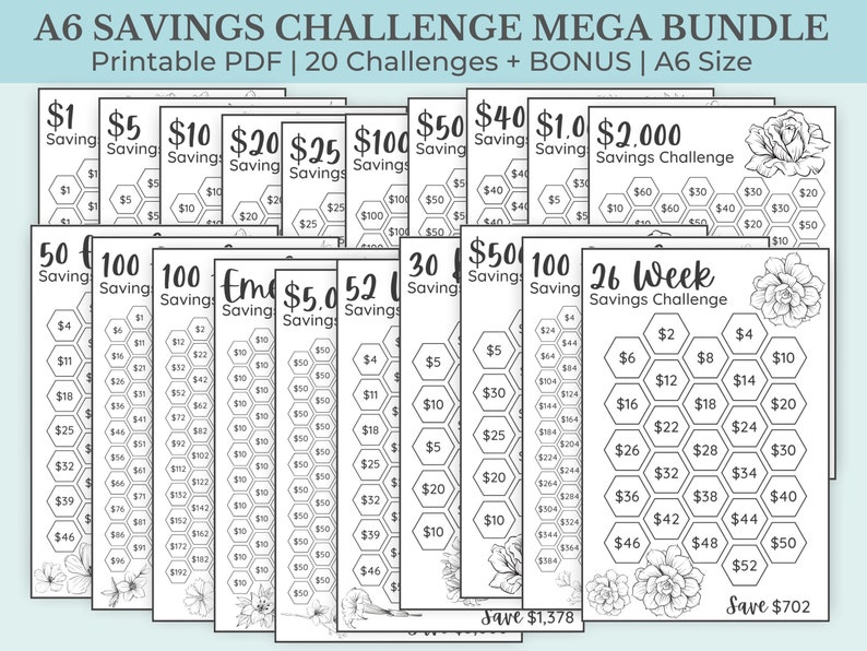 Savings Challenge Printable | Savings Challenge Bundle | A6 Sized Mini Savings Challenge Trackers | 1000 Savings Challenge | Set Of 20 