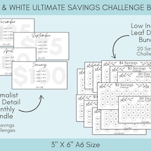 Black and White Savings Challenge Bundle, 260 Savings Trackers Printable, A6 Cash Stuffing Money Saving Challenges