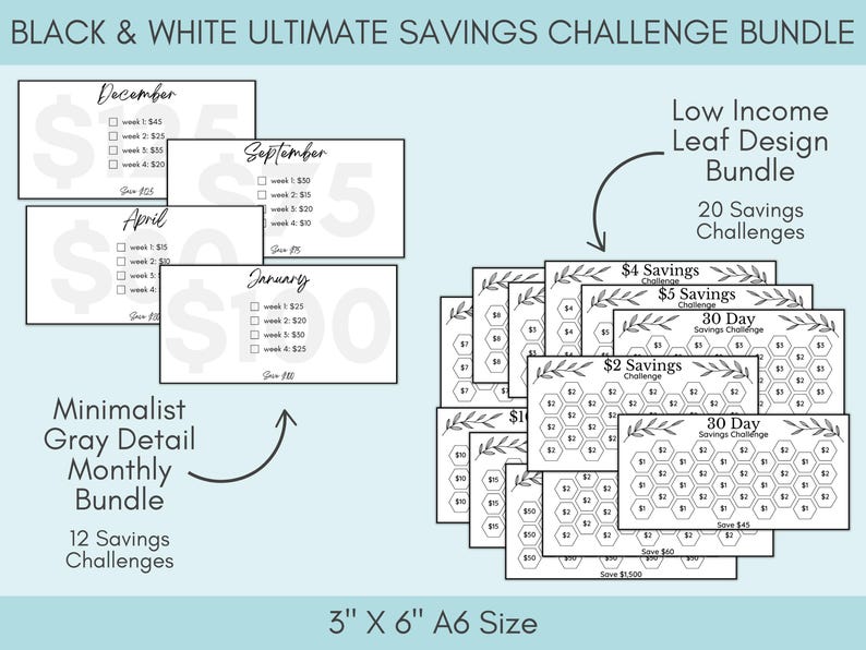 Black and White Savings Challenge Bundle, 260 Savings Trackers Printable, A6 Cash Stuffing Money Saving Challenges