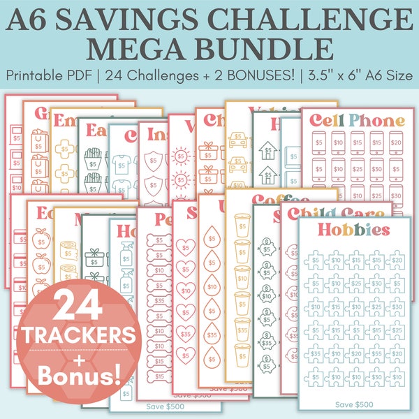 Savings Challenge Printable | Savings Challenge Bundle | A6 Sized Mini Savings Challenge Trackers | 500 Savings Challenge | Set Of 24