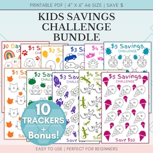 Kinderspar-Challenge Bundle, Geldspar-Tracker für Kinder, 10 Spar-Tracker, A6 Cash Stuffing Challenge