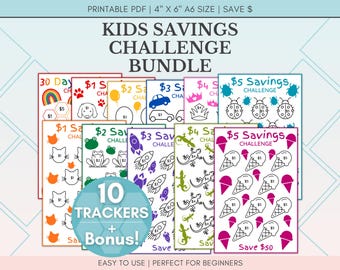 Kids Savings Challenge Bundle, Money Saving Tracker Printable for Kids, 10 Savings Trackers, A6 Cash Stuffing Challenge