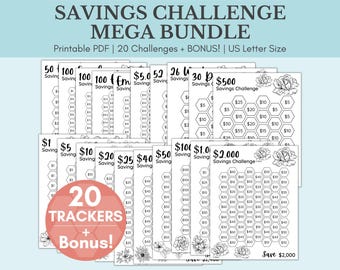 Savings Challenge Printable | Savings Challenge Bundle | US Letter Sized Savings Challenge Trackers | 1000 Savings Challenge | Set Of 20
