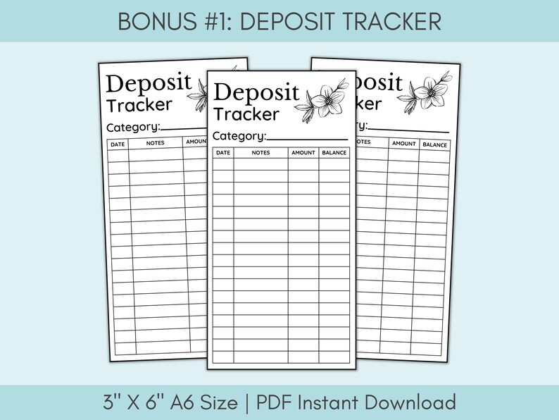 May include: Three printable deposit tracker sheets with a floral design. Each sheet has columns for date, notes, amount, and balance. The sheets are 3 inches by 6 inches and are A6 size.