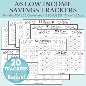 Low Income Savings Challenge Printable | Money Saving Challenge Bundle | A6 Sized Mini Savings Challenge Trackers | 5 Savings Challenge