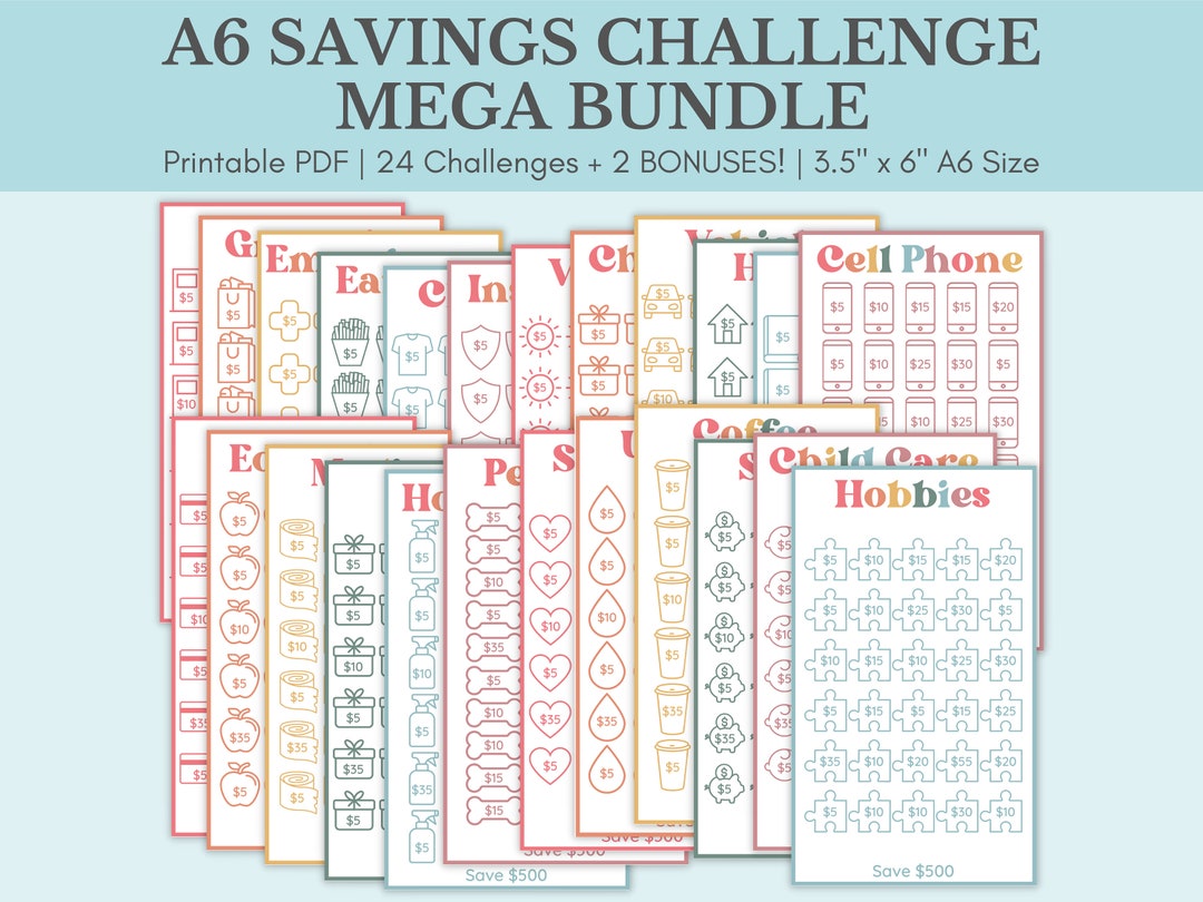 Savings Challenge Printable Savings Challenge Bundle A6 - Etsy