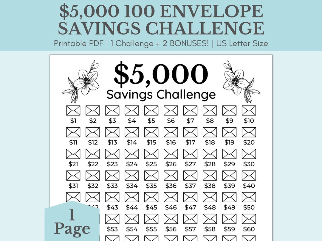 5000 Savings Challenge Printable 5 000 Savings Challenge 100 Envelope 5000 Savings Challenge Printable 5 000 Savings Challenge 100 Envelope