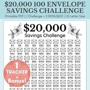 20000 Savings Challenge Printable | 20,000 Savings Challenge | 100 Envelope Savings Challenge | 20K Savings Challenge | 20K Savings Tracker