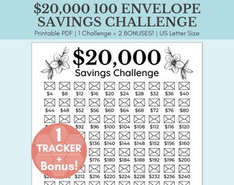 20000 Savings Challenge Printable | 20,000 Savings Challenge | 100 Envelope Savings Challenge | 20K Savings Challenge | 20K Savings Tracker