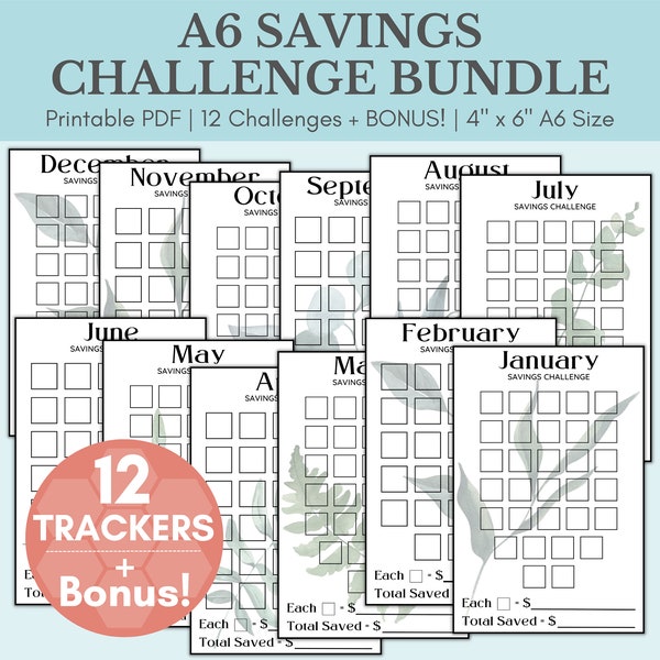 Savings Challenge Printable | Monthly Savings Challenge Bundle | A6 Sized Mini Savings Challenge Trackers | You Choose Amount | Set Of 12