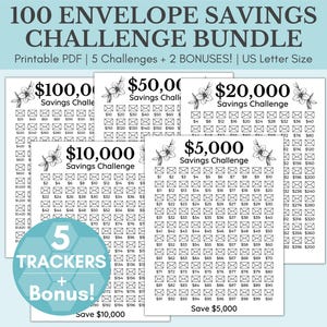 100 Envelope Savings Challenge Bundle | 50,000 Savings Challenge | 5,000 | 10,000 | 20,000 | 100,000 Savings Tracker printables | Save Money