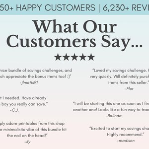 May include: A screenshot of a website with customer reviews. The website has a light blue background with white text. The text says "What Our Customers Say..." and includes five star ratings. The reviews are positive and mention savings challenges, printables, and a minimalistic vibe.