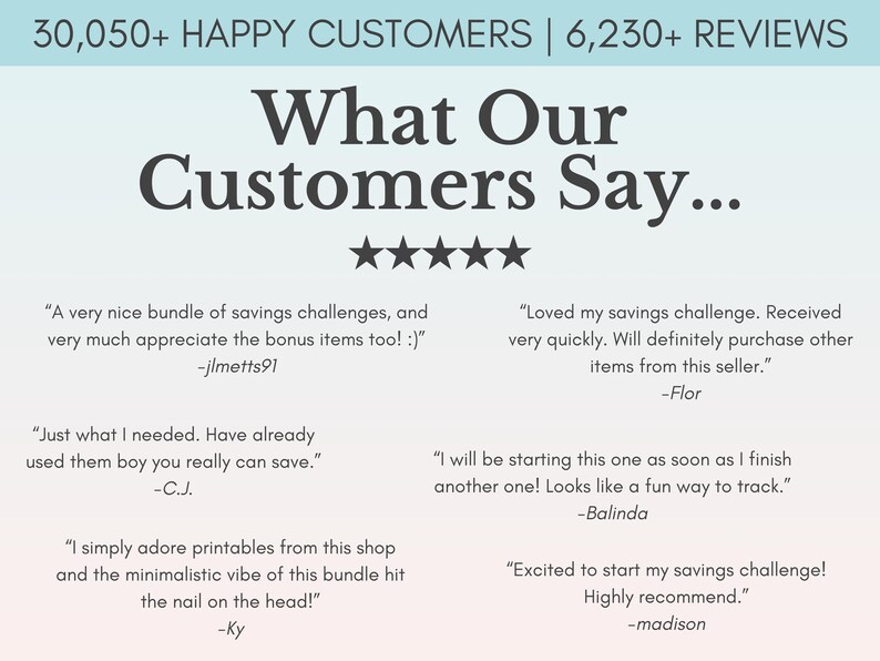 May include: A screenshot of a website with customer reviews. The website has a light blue background with white text. The text says "What Our Customers Say..." and includes five star ratings. The reviews are positive and mention savings challenges, printables, and a minimalistic vibe.