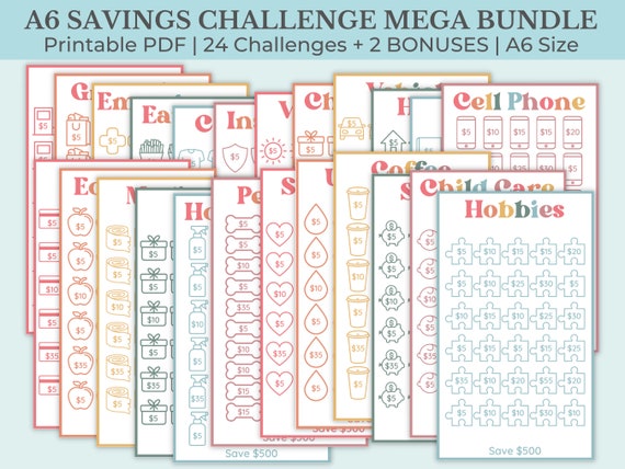 Savings Challenge Printable Savings Challenge Bundle A6 - Etsy
