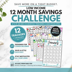 Low Income Savings Challenge Bundle, 12 Month Tracker Printable, A6 Cash Binder Insert, Cash Stuffing Challenge, Money Saving Tracker