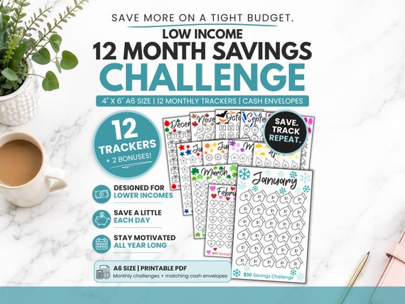 Low Income Savings Challenge Bundle, 12 Month Tracker Printable, A6 Cash Binder Insert, Cash Stuffing Challenge, Money Saving Tracker