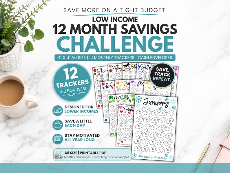 Low income 12 month savings challenge printable bundle for A6 cash envelopes, featuring 12 monthly savings trackers, matching DIY cash envelopes, bonus savings challenges, beginner-friendly budgeting tool, printable PDF download for saving money on a tight budget and reaching financial goals.