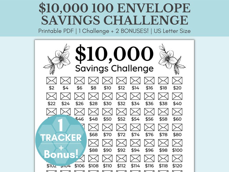 May include: A printable PDF savings challenge with 100 envelopes, each labeled with a dollar amount from $2 to $120. The challenge is to save $10,000 by filling each envelope with the corresponding amount of money.