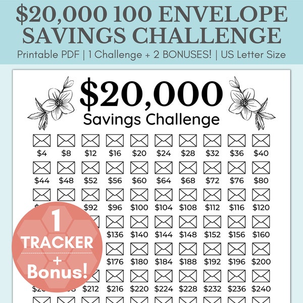 20000 Savings Challenge Printable | 20,000 Savings Challenge | 100 Envelope Savings Challenge | 20K Savings Challenge | 20K Savings Tracker