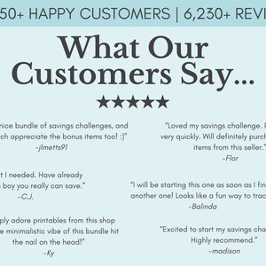 May include: A light blue background with the text "What Our Customers Say..." in black. Five black stars are displayed below the text. Five customer reviews are displayed in white text with black borders. Each review includes a quote and the name of the reviewer.