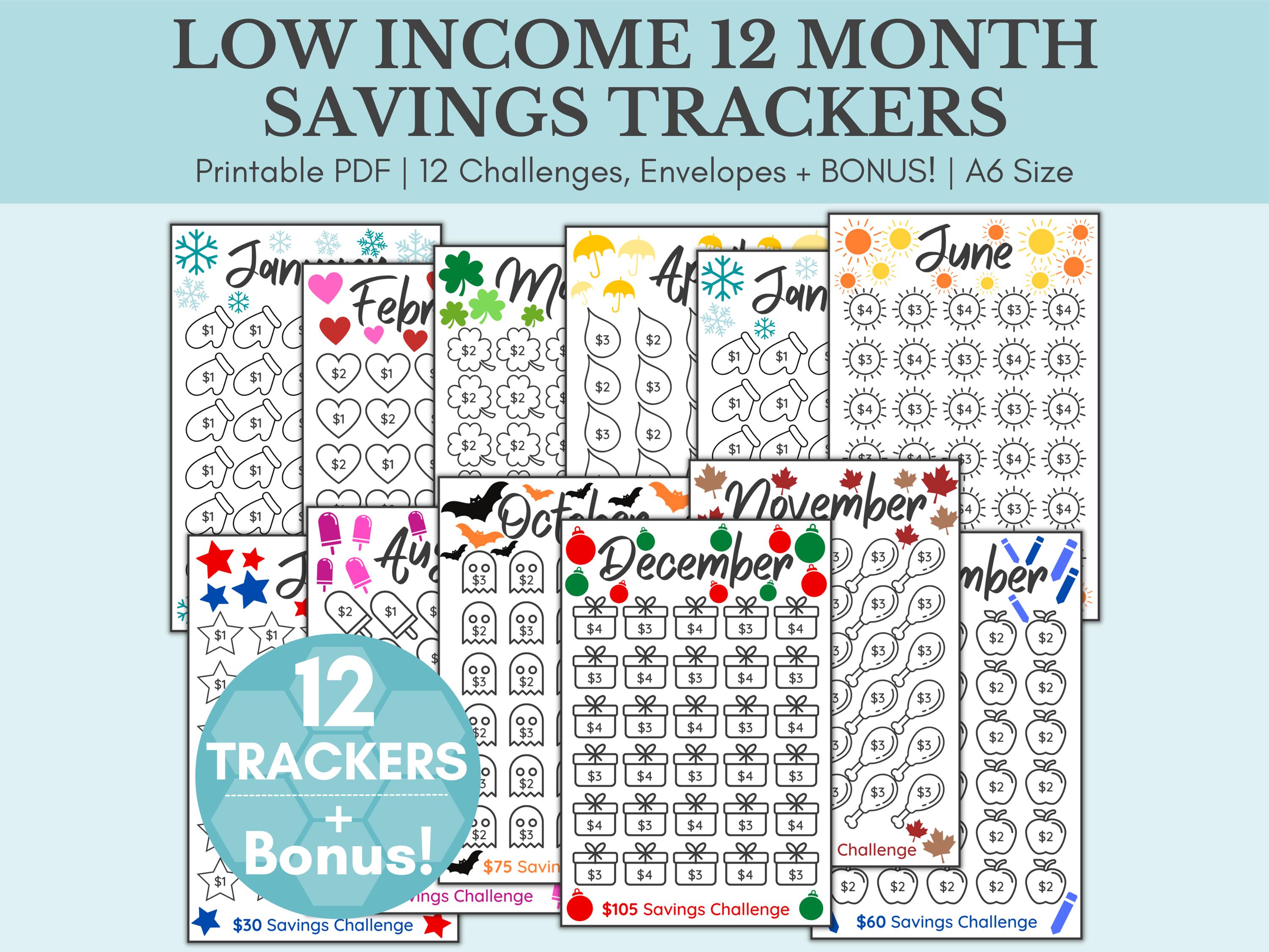 Low Income Monthly Savings Challenge Trackers & Cash Envelopes  | A6 Mini Savings Challenge Bundle | Savings Challenge Printable | Trackers