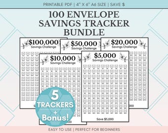 100 Envelope Savings Challenge Bundle | 50,000 Savings Challenge | 5,000 | 10,000 | 20,000 | 100,000 Savings Tracker Printables | Save Money