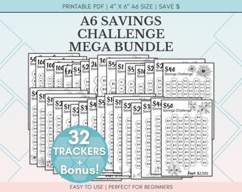 A6 Savings Challenge Printable Bundle | 32 Floral Trackers (PDF)