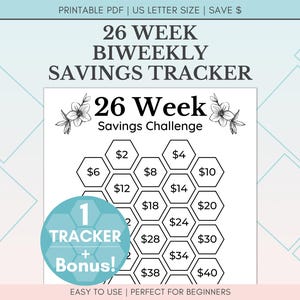 May include: A printable 26-week biweekly savings tracker with a hexagonal grid, featuring amounts from $2 to $40. The design includes the text "26 Week Savings Challenge" and a bonus tracker. The document is US Letter size.
