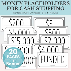 Dollar Bill Placeholders For Cash Stuffing | Printable Cash Place Holders | Money Placeholder Bundle | Budget Binder | A6 Prop Money Cash