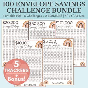 Boho 100 Envelope Savings Challenge Printable PDF | Savings Tracker Bundle | 5 Savings Challenge Binder Inserts + Bonus | Saving Challenge