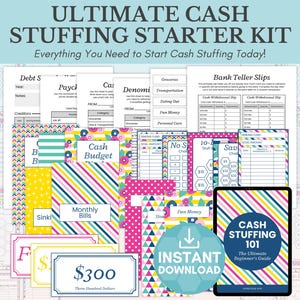 May include: A collection of printable cash stuffing templates and guides. The kit includes budgeting worksheets, bank teller slips, and a digital guide titled "Cash Stuffing 101". The design features colorful patterns and the text "Ultimate Cash Stuffing Starter Kit".