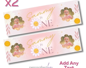 2 x Personalised Photo Pink Daisies Birthday Banners Large Add Name & Age Free Delivery