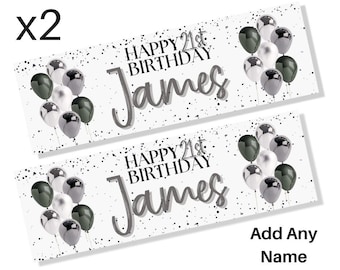 2 x Personalised Birthday Banners Large Silver & Black Add Name Age Free Delivery