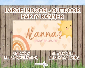 Personalised OUTDOOR Baby Shower Banners Large Rainbow Sun Theme Add Name Free Delivery 4FT