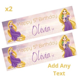 May include: Two printable banners featuring Rapunzel from the Disney movie Tangled. The banners are pink and gold with glitter and say "Happy 5th Birthday Olivia x".