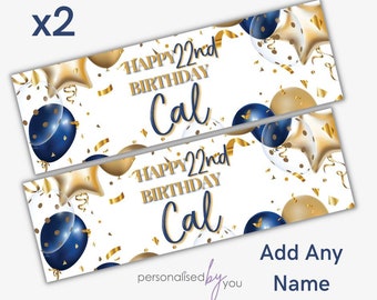 2 x Personalised Birthday Banners Large Navy Blue Gold Add Name & Age Free Delivery