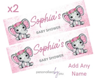 2 x Personalised Baby Shower Gender Reveal Banners Large Pink Elephant Add Name Free Delivery