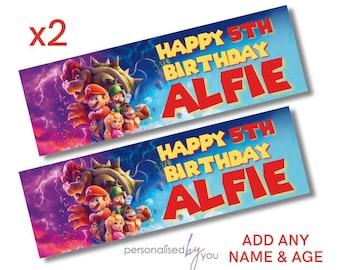 May include: Two printable birthday banners featuring a cartoon image of Mario and Luigi characters from the Super Mario video game series. The banners say "Happy 5th Birthday Alfie".