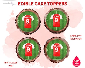 EDIBLE Cupcake Cake Toppers Personalised RED and WHITE Football Theme Printed Icing or Rice Wafer 2"