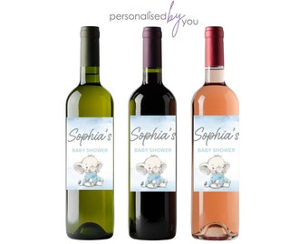 3 x Personalised Custom Wine Bottle Label Sticker Baby Shower Blue Elephant FREE DELIVERY