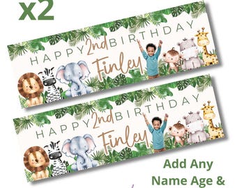 2 x Personalised Wild Animal Theme Birthday Banners Large Add PHOTO Any text FREE Delivery