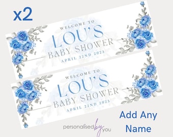 2 x Personalised Baby Shower Gender Reveal Banners Large Blue Roses Flowers Add Name & Age Free Delivery