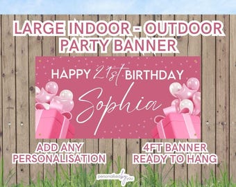 Personalised OUTDOOR INDOOR Birthday Banners Add PHOTO Large Pink White Add Name & Age Photo Free Delivery 16th 18th 21st 30th 40th 4FT