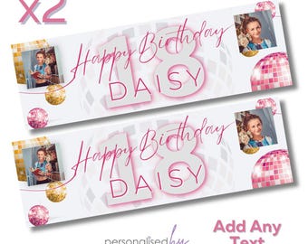2 x Personalised Birthday Photo Banners DISCO Ball theme Large Pink Orange Add Name Age & Photo Free Delivery