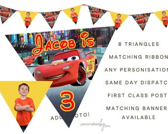 Personalised Photo Cars Lightning Mcqueen Theme Birthday Party Banner Decoration Bunting RED FREE DELIVERY